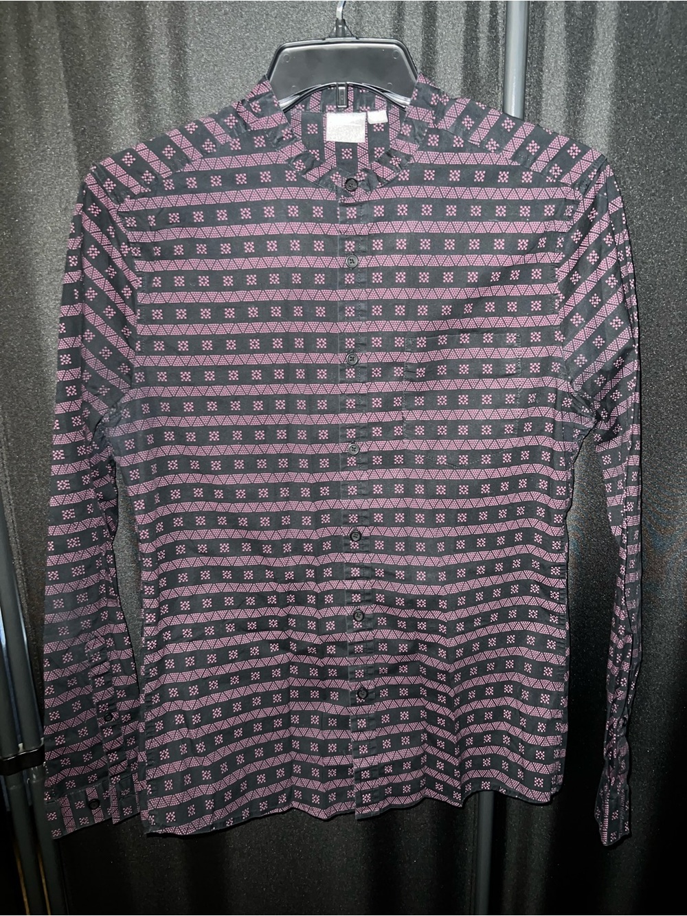 ASOS Black Shirt with Purple/Pink  Geometric Stripe Print with Mandarin Collar